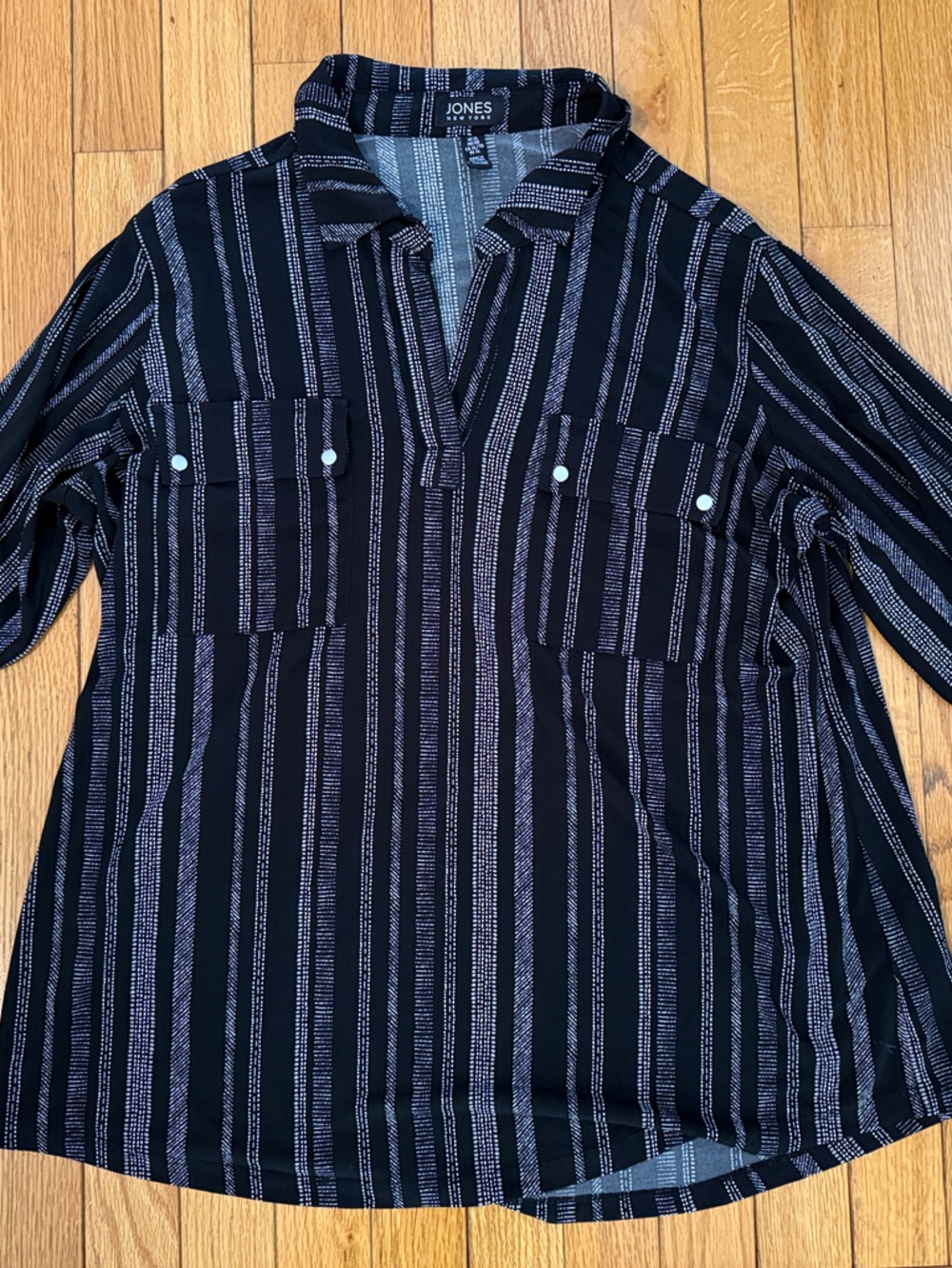 Jones New York Black Button-Down Shirt with Gray Stripes
